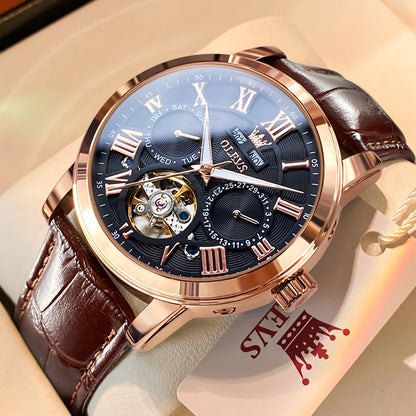 Montre homme OLEVS 6668, marque de renom, tendance et mécanique automatique, bracelet en cuir, étanche et lumineuse.