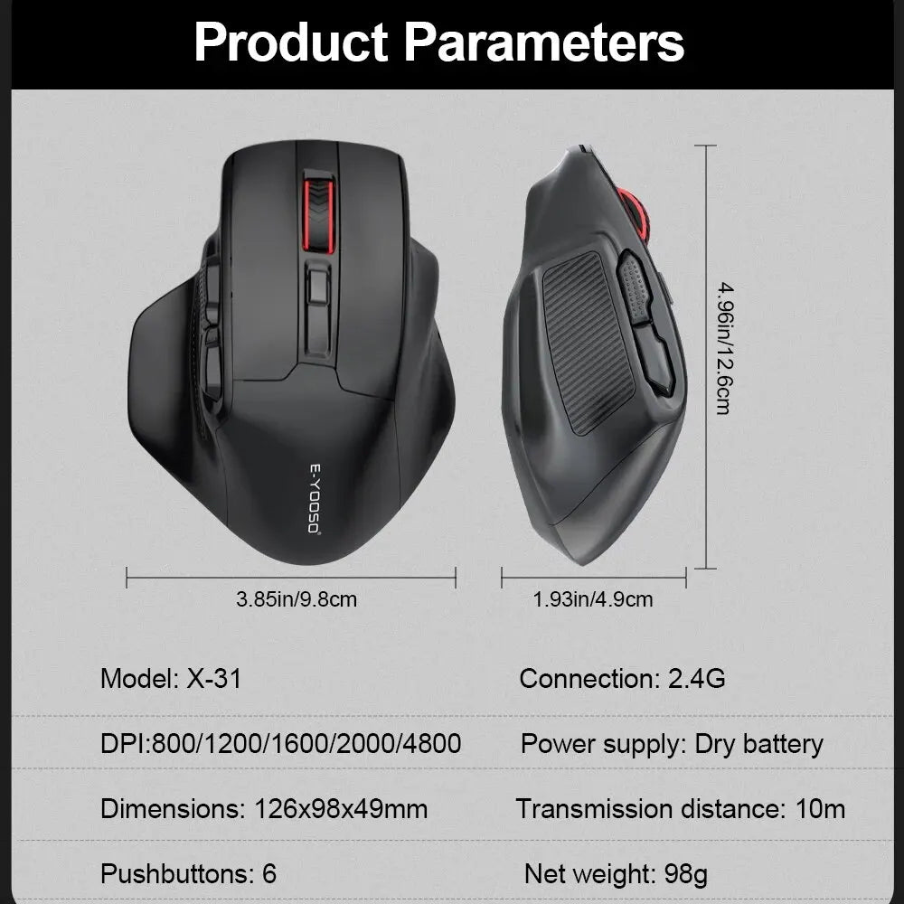 E-YOOSO X-31 USB 2.4G bezdrátová herní velká myš pro velké ruce PAW3212 4800 DPI 5 tlačítek pro hráče, počítač, notebook a PC