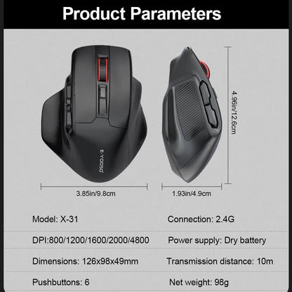 E-YOOSO X-31 USB 2.4G bezdrátová herní velká myš pro velké ruce PAW3212 4800 DPI 5 tlačítek pro hráče, počítač, notebook a PC