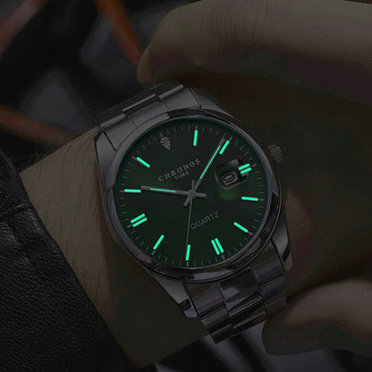 Pánské náramkové hodinky CHRONOS – luxusní značka, vodotěsné, s luminiscenčními ručičkami, s ukazatelem data, z nerezové oceli, s quartzovým strojkem.
