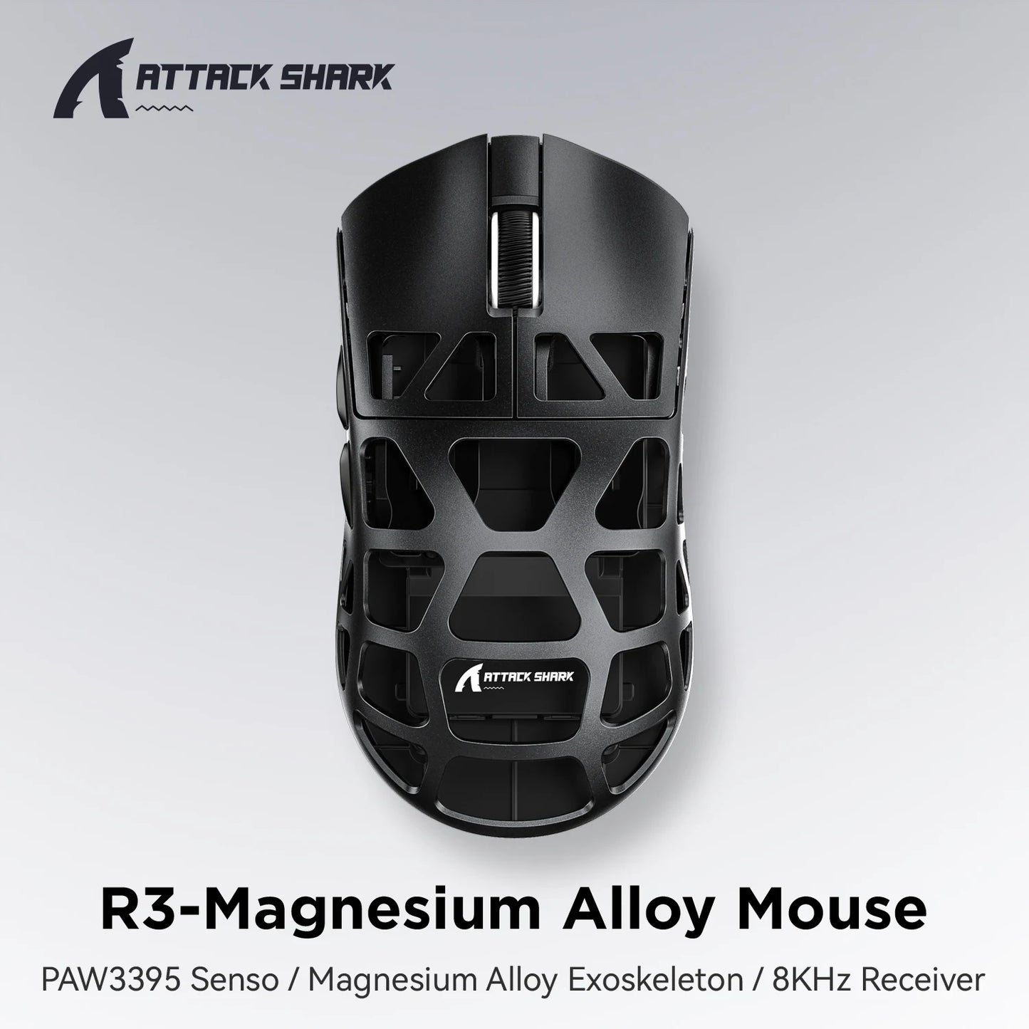 ATTACK SHARK R3 8KHz-mus i magnesiumlegering, PixArt PAW3395-sensor, op til 26000 DPI, 2.4G/BT/kablet, 46g superlet, til PC/Mac