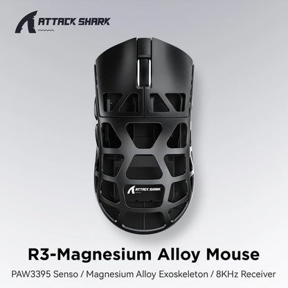 ATTACK SHARK R3 8KHz-mus i magnesiumlegering, PixArt PAW3395-sensor, op til 26000 DPI, 2.4G/BT/kablet, 46g superlet, til PC/Mac