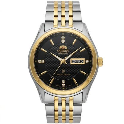 Orient automatisch mechanisch herenhorloge, met dubbele kalender (datum en dag van de week), kristallen indexen en roestvrijstalen armband – Polshorloge in professionele stijl