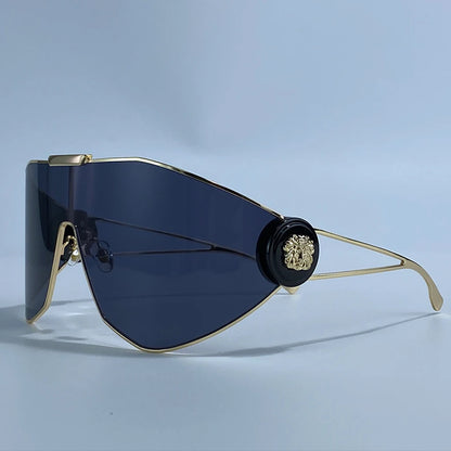 Oversized One-Piece Windproof Mask Sunglasses Women 2026 Luxury Fashion Vintage Steampunk Polygon Shield Wrap Around Sun Glasses