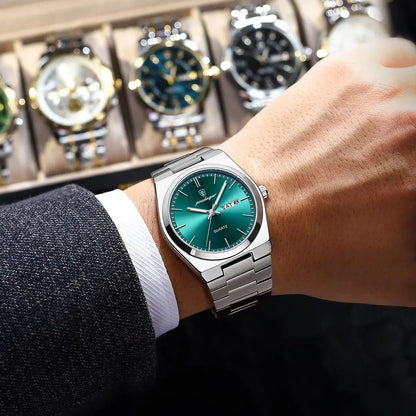 POEDAGAR Luxury Men's Watches Waterproof Luminous Date Week Men Watch Stainless Steel Casual Fashion Quartz Man Wristwatch Reloj