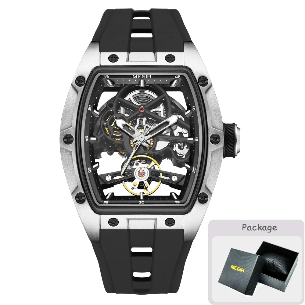 Montre mécanique pour homme MEGIR, forme tonneau, cadran squelette ajouré, style sportif, bracelet en silicone, montre automatique de luxe