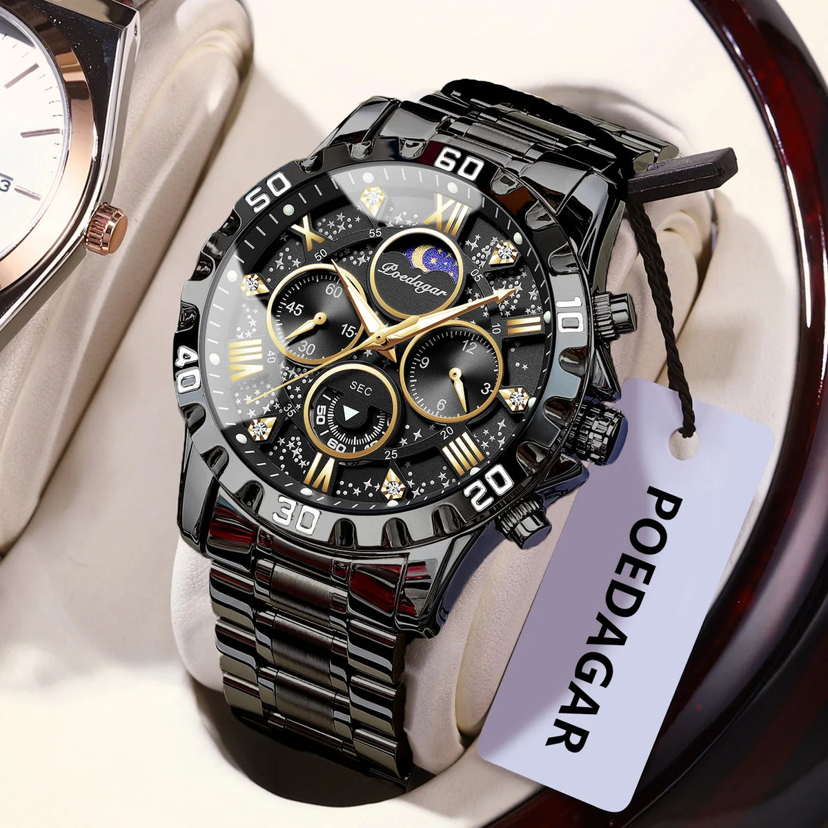Montre homme de luxe POEDAGAR, étanche, lumineuse, en acier inoxydable, à quartz, chronographe, style militaire.