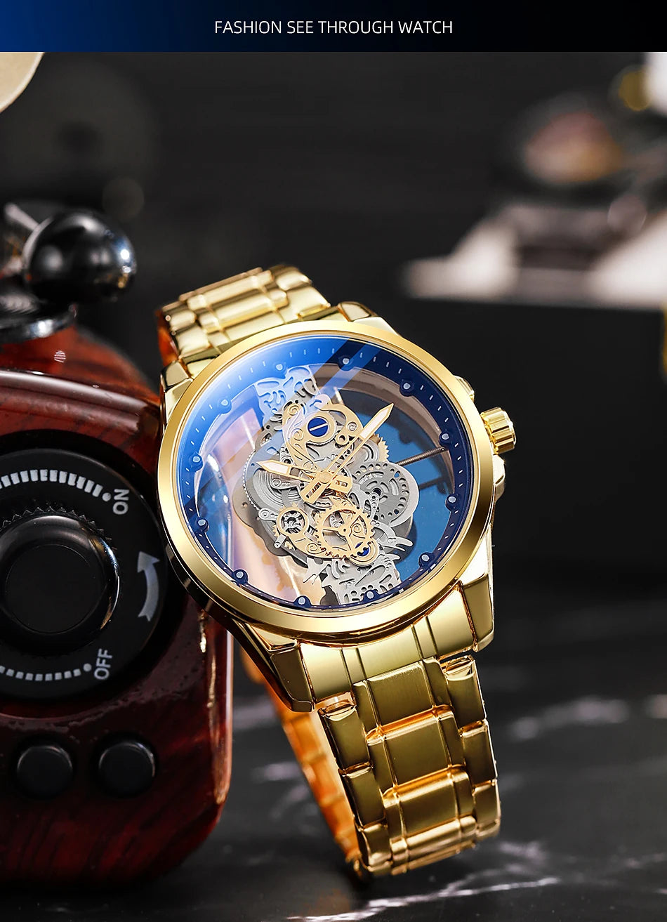 TPW Men’s Luxury Black & Gold Skeleton Quartz Watch Fashion Wristwatch