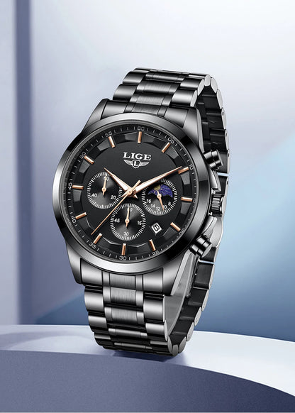 Reloj para hombre LIGE: cronógrafo de cuarzo de lujo, resistente al agua (3 bares), con agujas luminiscentes