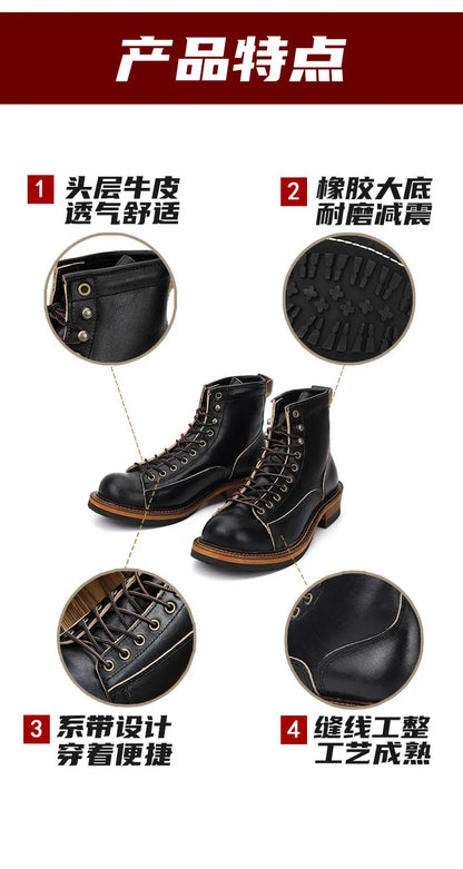KOWM cowhide Hiking shoes men's walking boot British trekking shoes thick soled cowhide high top motorcycle boots ankle sneakers