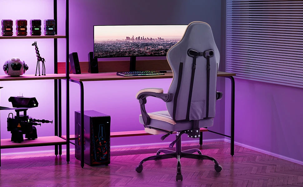 WOTSTA Gaming-Stuhl mit Fußstütze, ergonomischer Gamer-Stuhl mit Lendenkissen, Kopfstütze und höhenverstellbarem Computerstuhl