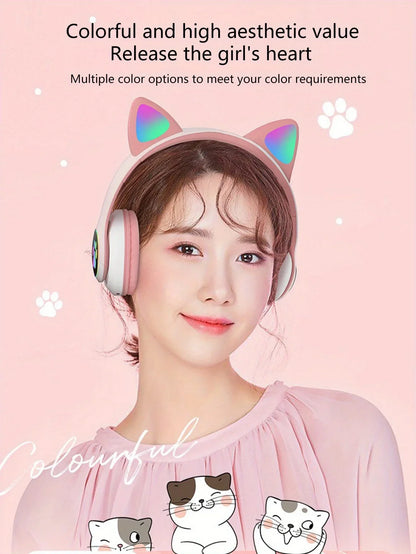 Flash Light Cute Cat Ears Wireless Headphone with Mic Control LED Kid Girl Stereo Music Helmet Phone Bluetooth Headset Gift