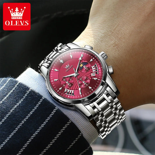 Montre pour homme OLEVS – Modèle sportif et luxueux, rouge, étanche, en acier inoxydable, chronographe à quartz