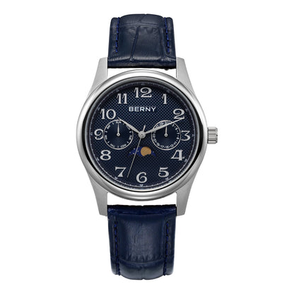 BERNY Watches for Men Moon Phase Quartz Men's Watch Day and Date Calendar Easy Read Vintage-Style Business Dress Wristwatch