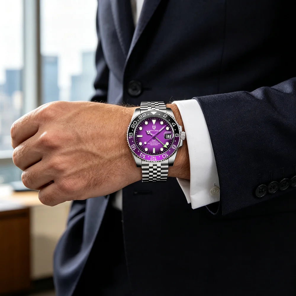 Mechanické pánske hodinky Pagani Design GMT – Luxusný model so zafírovým sklom, puzdrom z nehrdzavejúcej ocele a keramickou lunetou – Automatické pánske hodinky v profesionálnom štýle