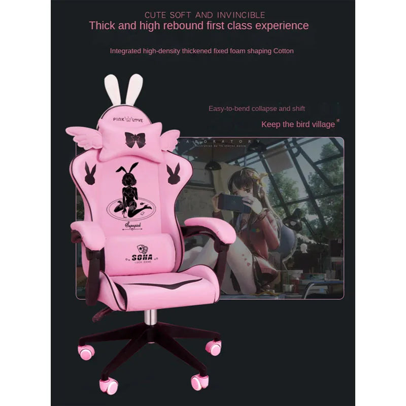 Pink Gaming Chair for Girls with Footrest, Ergonomic Swivel Gaming Chair, Adjustable Office Computer Chair, Cute Cartoon Gamer Chair