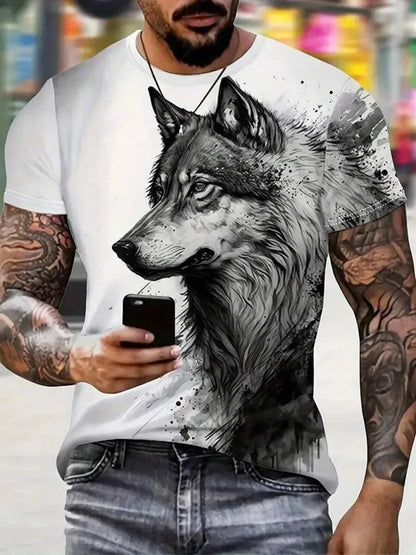 T-shirt masculina com padrão «Wild Wolf» — Roupa de verão para a rua, ao ar livre, respirável e casual; tops; t-shirts com estampado 3D; roupa de moda masculina