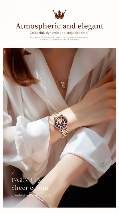 OLEVS Women’s Luxury Automatic Skeleton Watch  Starry Sky Stainless Steel Mechanical Wristwatch