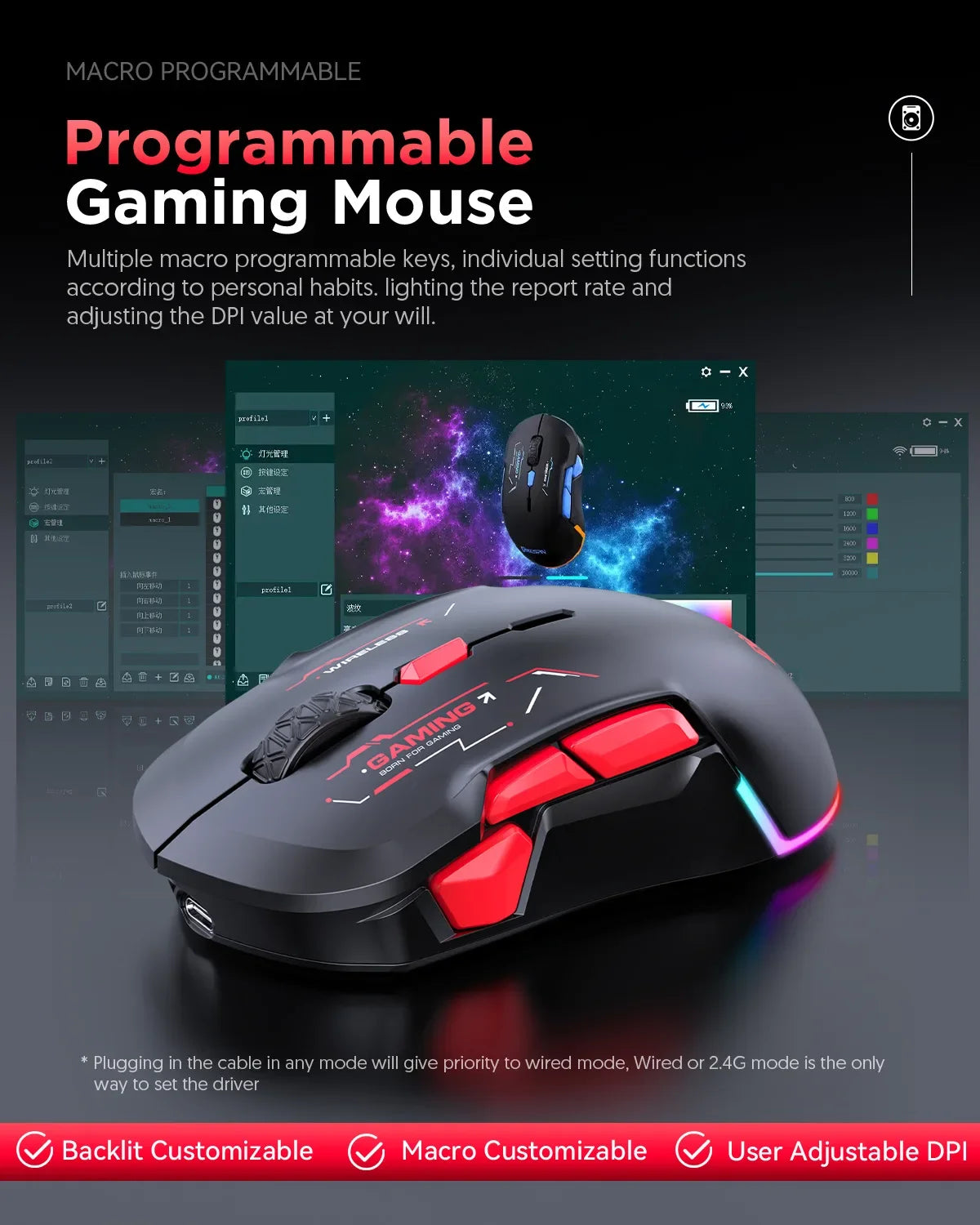 Mouse gaming macro MKESPN W12 cu 10 butoane, ambidextru, wireless Bluetooth, multicanal, tri-mode, ergonomic, RGB mare
