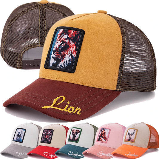 Hot Sale Unisex Mesh Cap Lion Pattern Patch Design Suede Hat Women And Men Summer Animal Baseball Cap Fashion Trucker Hat