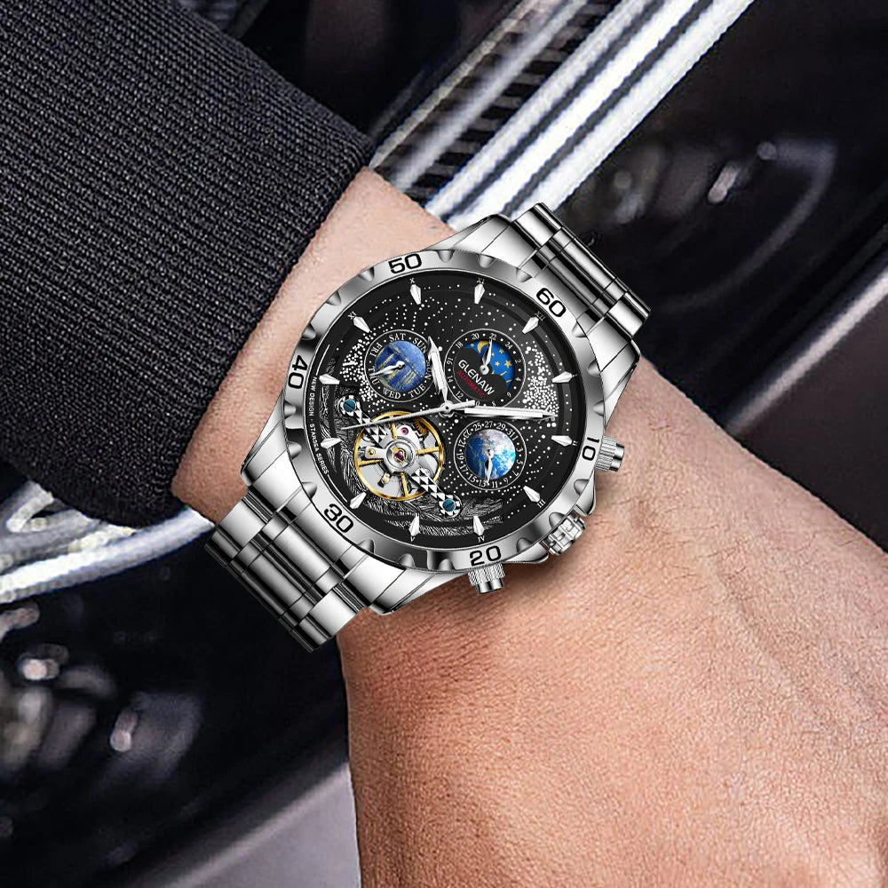 Orologio da uomo con movimento meccanico a carica automatica in acciaio inossidabile. Forma della cassa: rotonda