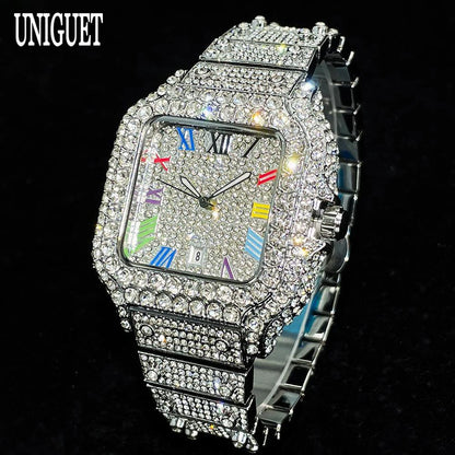 UNIGUET Big Diamond Watch Men Luxury Colored Roman Literal Watch Man Hip Hop Jewelry Bling Bling Square Wristwatch Dropshipping