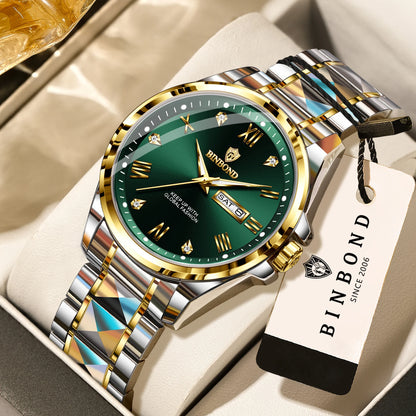 Montre-bracelet à quartz pour homme BINBOND – Style professionnel, luxueuse, lumineuse, robuste et durable, étanche, avec affichage automatique de la date et du jour de la semaine.
