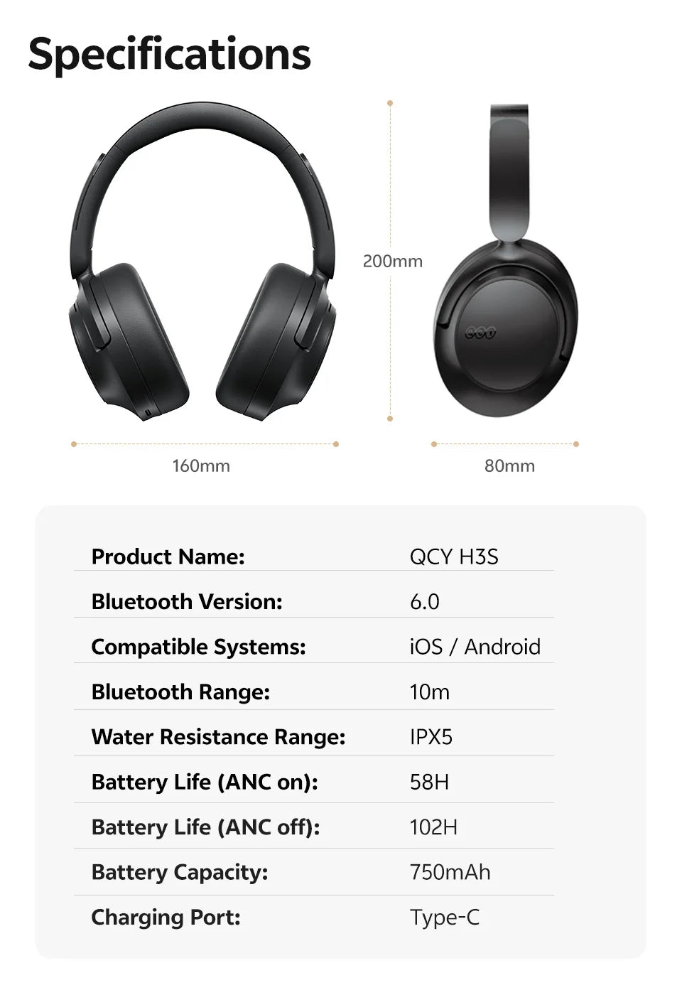 QCY H3S -56dB ANC adaptativo Auscultadores Bluetooth 6.0 circum-aurais – Headset sem fios Hi-Res LDAC, bateria de 102H, som espacial Dual Driver