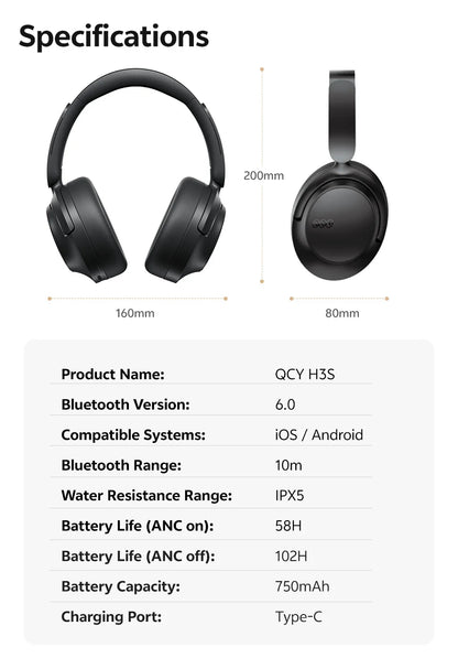 QCY H3S -56dB ANC adaptativo Auscultadores Bluetooth 6.0 circum-aurais – Headset sem fios Hi-Res LDAC, bateria de 102H, som espacial Dual Driver