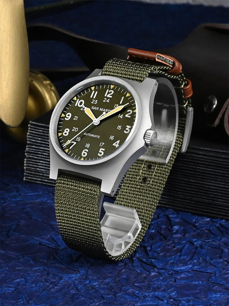 San Martin Pilot Watch 38mm NH35 Retro Military Automatic Mechanical Wristwatch Bead Blasted Case Waterproof 100m SN0137
