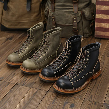 KOWM cowhide Hiking shoes men's walking boot British trekking shoes thick soled cowhide high top motorcycle boots ankle sneakers