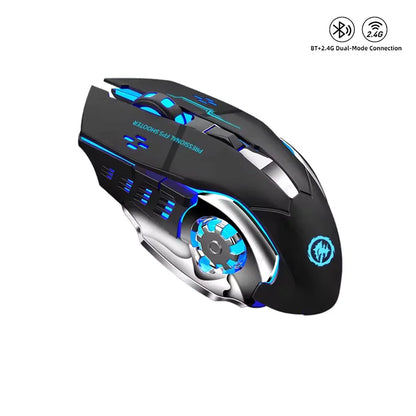 Įkraunama belaidė žaidimų pelė su tyliu foniniu apšvietimu, E-Sports Bluetooth ir 2.4G USB, skirta nešiojamajam kompiuteriui, Macbook, PC žaidimams ir biurui