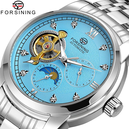 Ceas mecanic automat pentru bărbați Forsining – Stil de lux, business și fashion, brățară metalică, tourbillon, ace luminescente, împodobit cu diamante artificiale