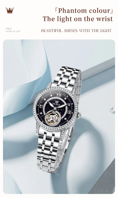 OLEVS Women’s Luxury Automatic Skeleton Watch  Starry Sky Stainless Steel Mechanical Wristwatch