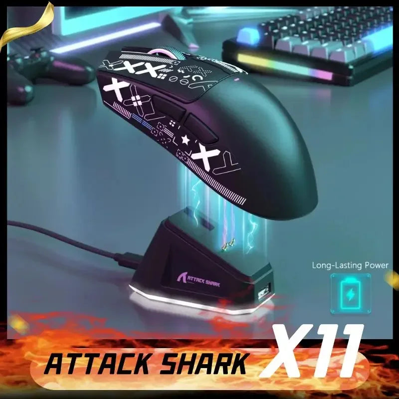 Rato Gaming Sem Fios Original ATTACK SHARK X11 com Dock de Carregamento, Sensor Gaming PixArt PAW3311, Ligação BT/2.4G Sem Fios/Com Fios