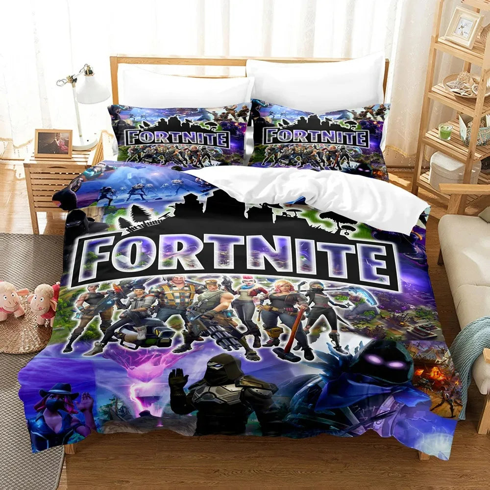 F-Fortnite 3PCS Bedding Set Battle Royale Kids Duvet Cover Quilt Pillowcase Double Size Victory Game Bedroom Linen Decoration