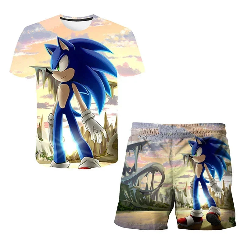 Sonic The Hedgehog Top Fashion 3D Anime Children's T-shirt Set Short Sleeve + Shorts Two-piece Set Girls Boys Cosplay Costume