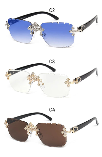 2025 Fashion Square Rimless Sunglasses For Women Cross Diamond Metal Frame Luxury Eyewear Cut Lens UV400 Shades Sun Glasses