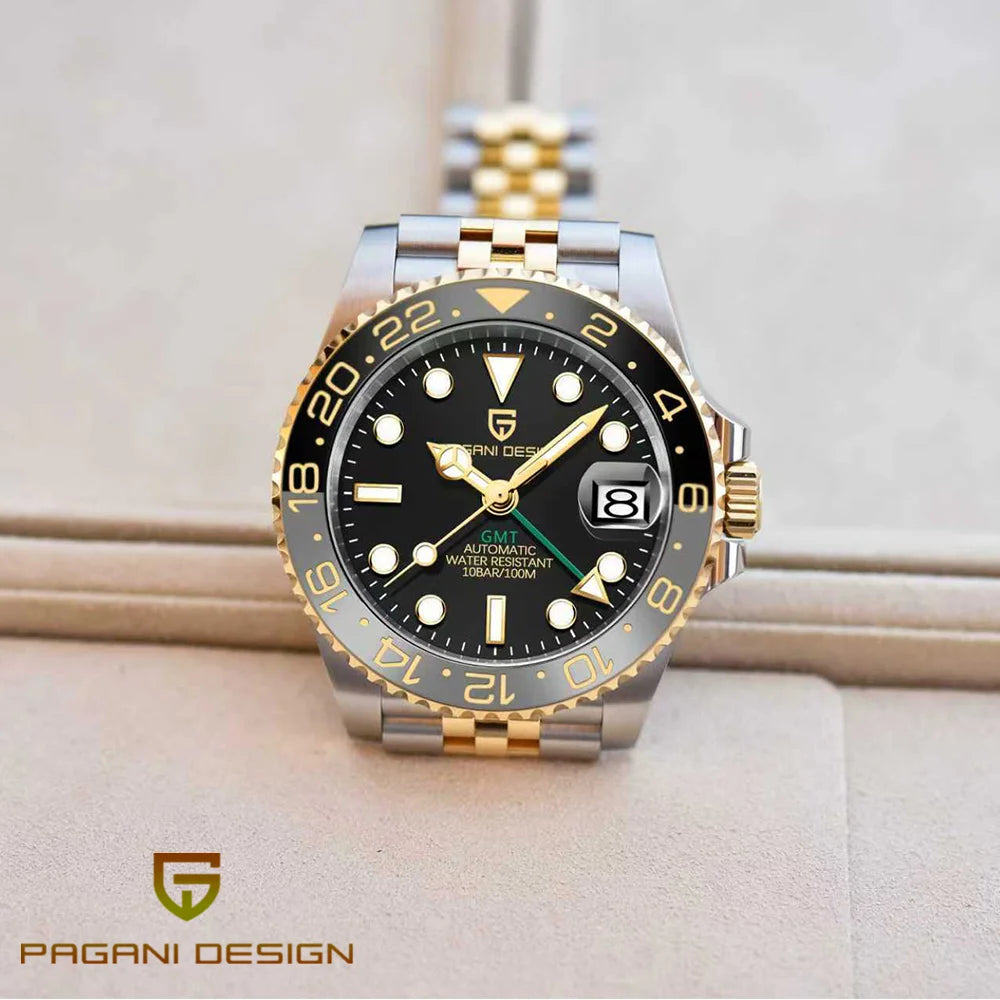 Mechanické pánske hodinky Pagani Design GMT – Luxusný model so zafírovým sklom, puzdrom z nehrdzavejúcej ocele a keramickou lunetou – Automatické pánske hodinky v profesionálnom štýle