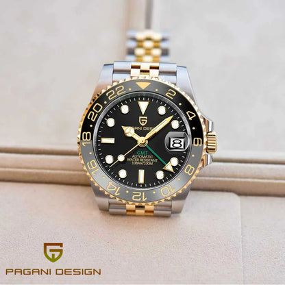 Mechanické pánske hodinky Pagani Design GMT – Luxusný model so zafírovým sklom, puzdrom z nehrdzavejúcej ocele a keramickou lunetou – Automatické pánske hodinky v profesionálnom štýle