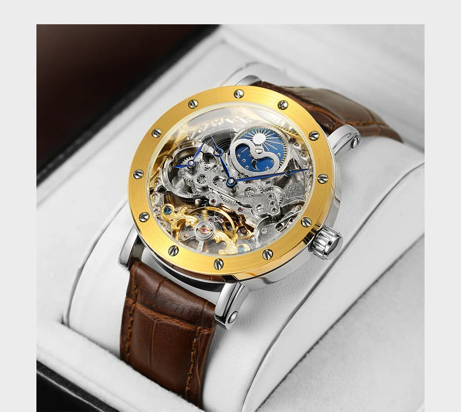 Reloj de pulsera mecánico automático SKROX para hombre, modelo esqueleto con función GMT, fase lunar y tourbillon: reloj de lujo de alta gama, elegante y original.