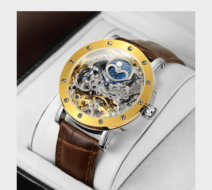 Reloj de pulsera mecánico automático SKROX para hombre, modelo esqueleto con función GMT, fase lunar y tourbillon: reloj de lujo de alta gama, elegante y original.
