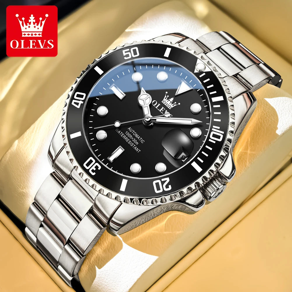 Reloj mecánico automático de lujo para hombre OLEVS 6650 – Resistente al agua, luminiscente, correa de acero – Reloj de pulsera para hombre, estilo profesional, marca de prestigio