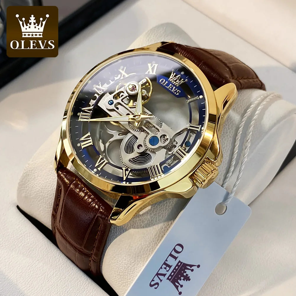 Reloj mecánico automático para hombre OLEVS 6661 – Modelo esqueleto totalmente transparente con volante a la vista, correa de piel, reloj de lujo original para hombre