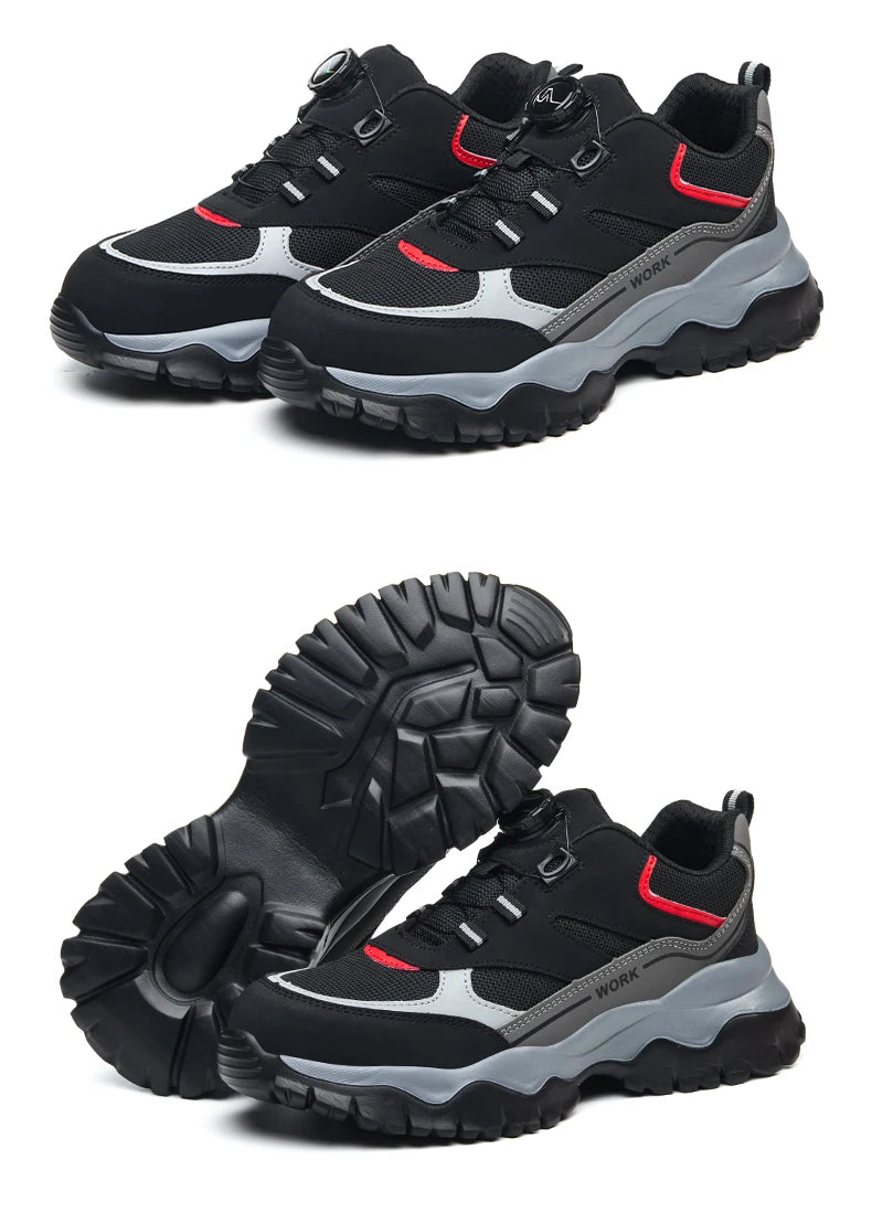 Chaussures de travail pour hommes, bottes de sécurité à bout en acier, chaussures Anti-écrasement, baskets légères et respirantes noires à bouton rotatif