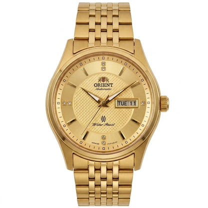 Orient automatisch mechanisch herenhorloge, met dubbele kalender (datum en dag van de week), kristallen indexen en roestvrijstalen armband – Polshorloge in professionele stijl