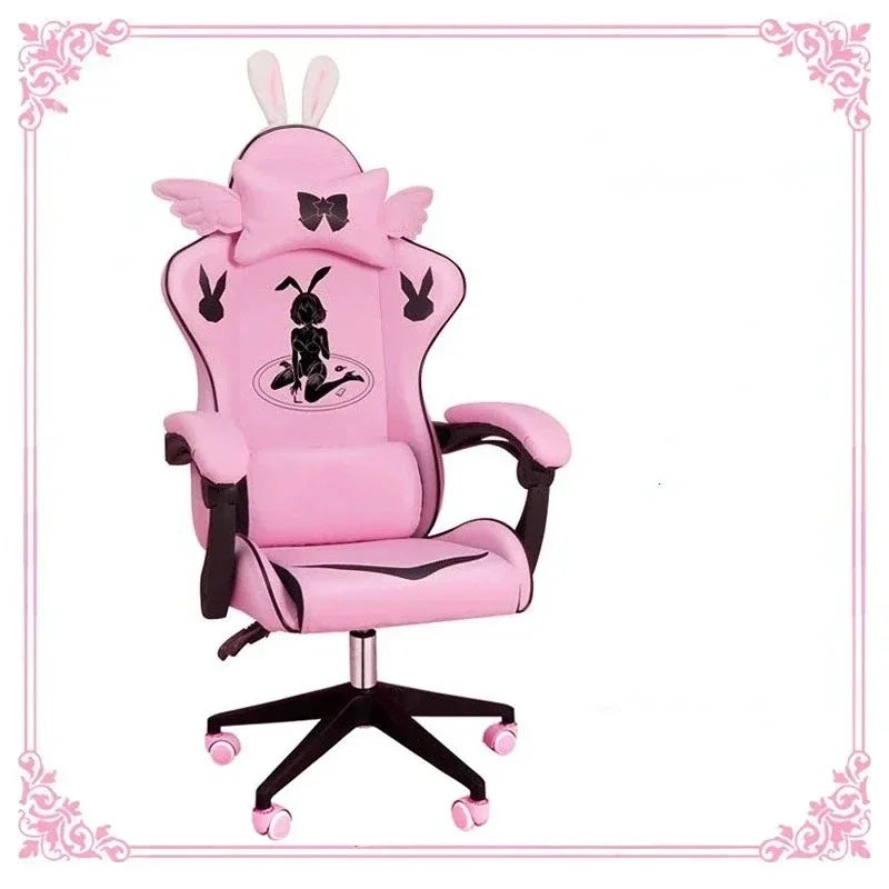 Pink Gaming Chair for Girls with Footrest, Comfortable Adjustable Swivel Computer Chair, Cartoon Gamer Chair for Bedroom, Office & Study