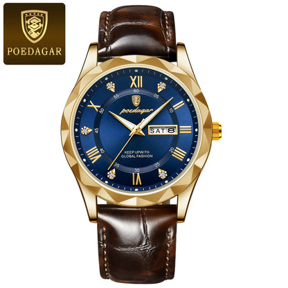 Montre pour homme POEDAGAR, modèle original de luxe : étanche, luminescente, avec affichage de la date et du jour. Montre à quartz au style classique et professionnel, dotée d'un bracelet en cuir.