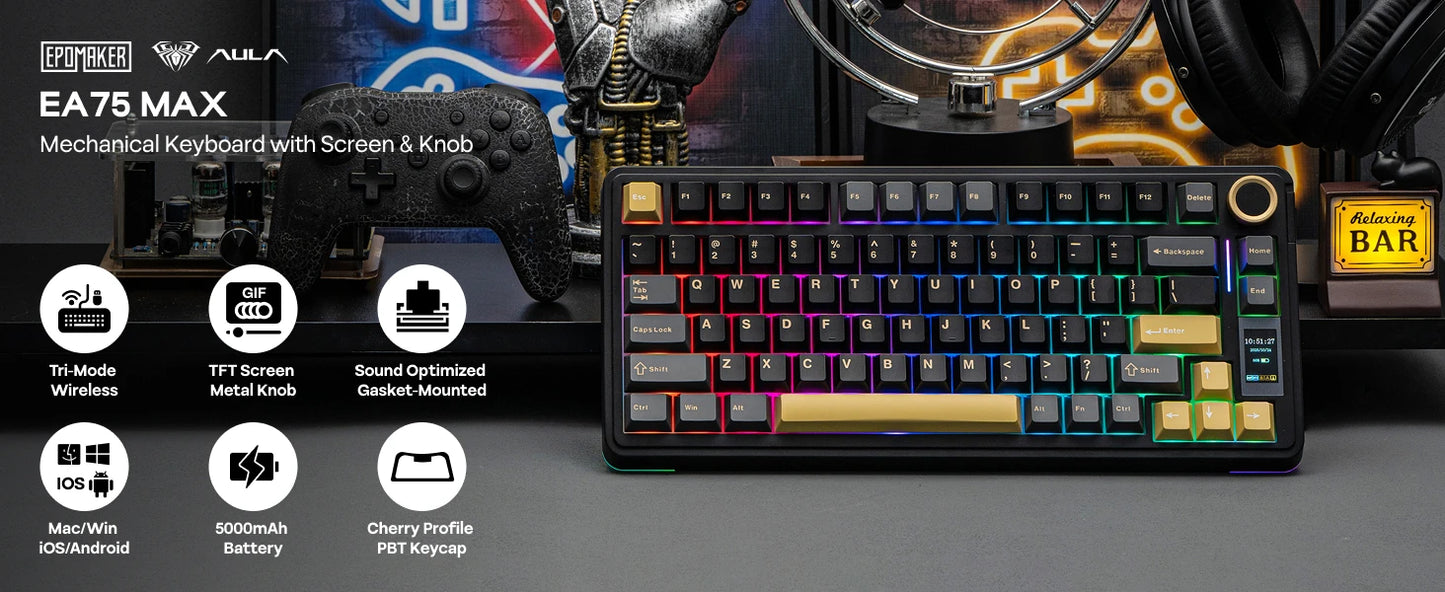 EPOMAKER X AULA EA75 MAX 75% ANSI US Layout Hot-Swap Gasket Wired/BT/2.4GHz Wireless Mechanical Keyboard with Screen & Knob