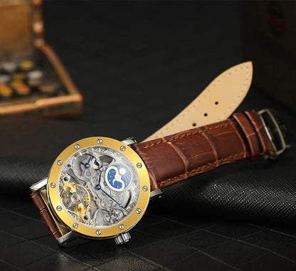 Reloj de pulsera mecánico automático SKROX para hombre, modelo esqueleto con función GMT, fase lunar y tourbillon: reloj de lujo de alta gama, elegante y original.